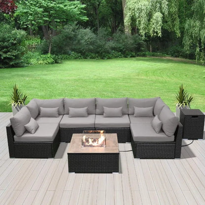 8-Piece Resin Wicker Sectional Sofa Set w/Gas Fire Pit Table