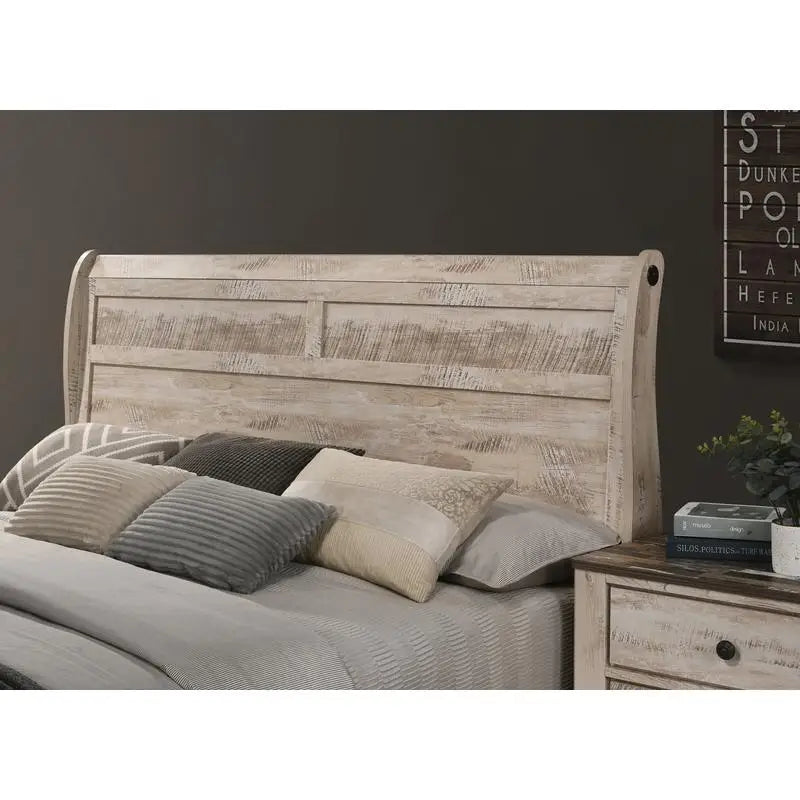 Detailed view of the Elegant 5-Piece White Wash Queen Bedroom Set with antique bronze metal pulls on nightstands.