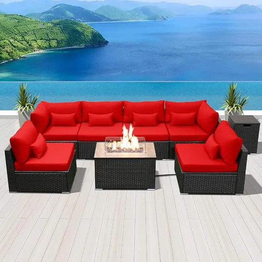8-Piece Resin Wicker Sectional Sofa Set w/Gas Fire Pit Table