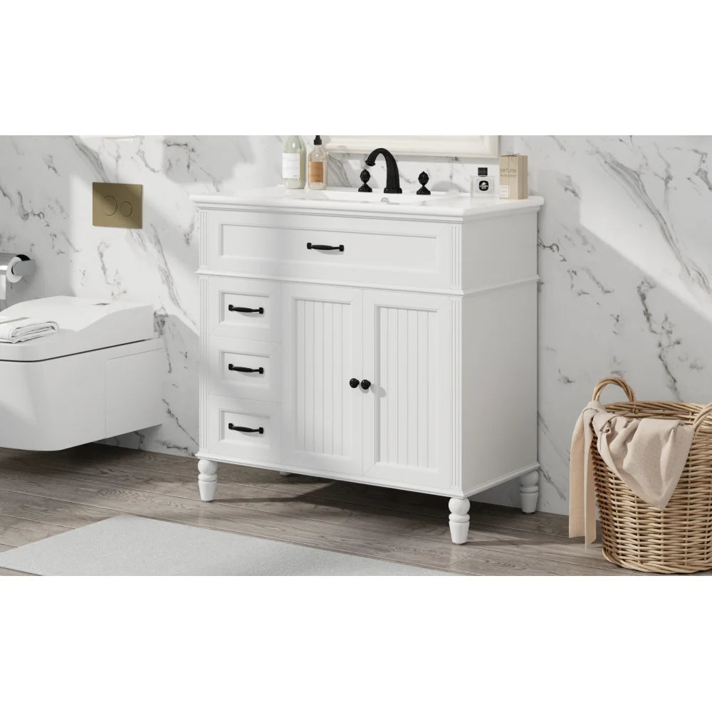 Freestanding 36" White Bathroom Vanity w/Ceramic Sink