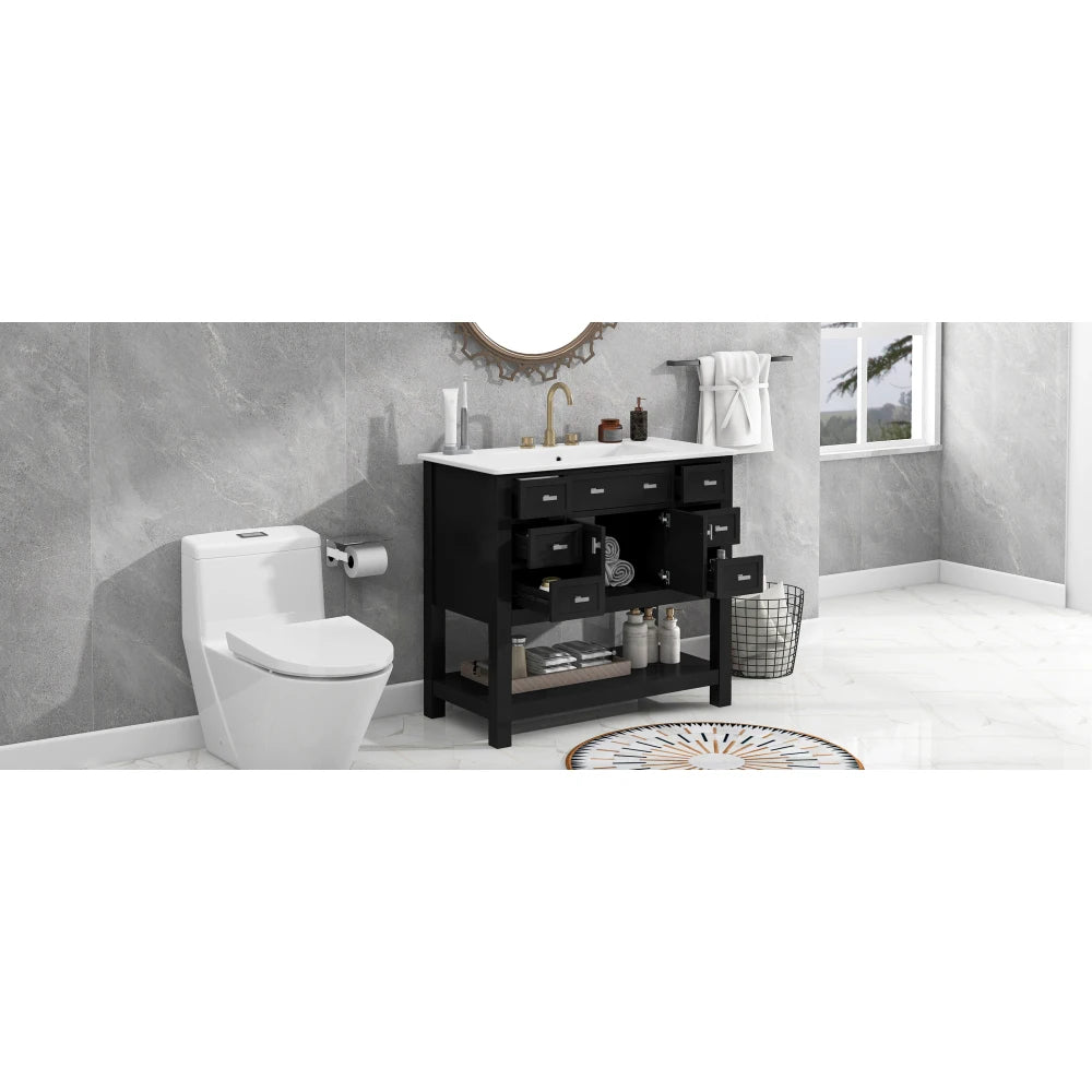Modern 36'' Independent Bathroom Vanity w/Mounted Ceramic Sink