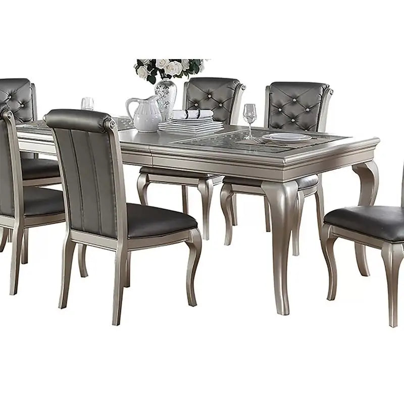 Italian Inspired 7-Piece Silver Glass Tabletop Dining Table Set w/ 6 Tufted Side Chairs 