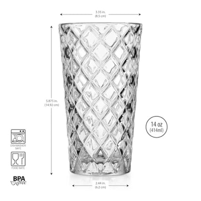 Set of 4 Luxury Diamond Cut Highball Glasses elegantly displayed on a table, ideal for any occasion.