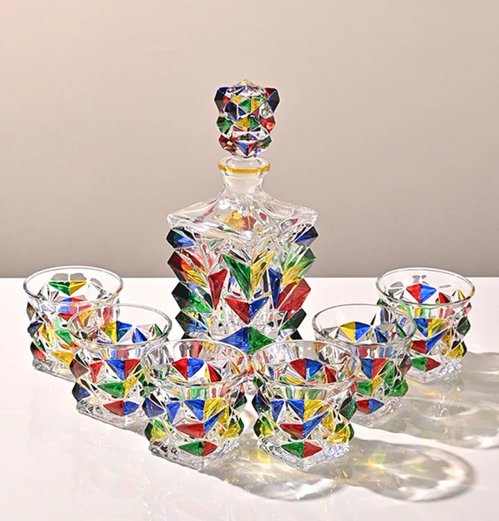 Colorful Wine Decanter & Patterned Glass Set