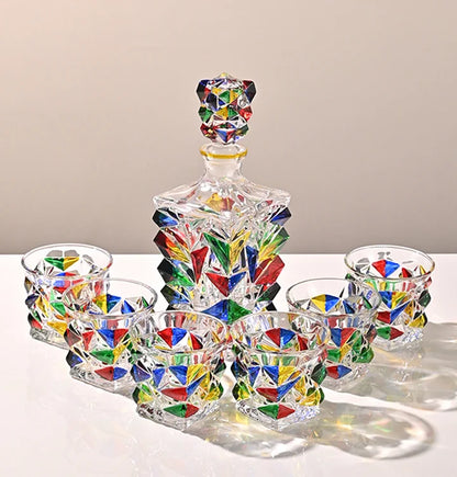 Colorful Wine Decanter & Patterned Glass Set