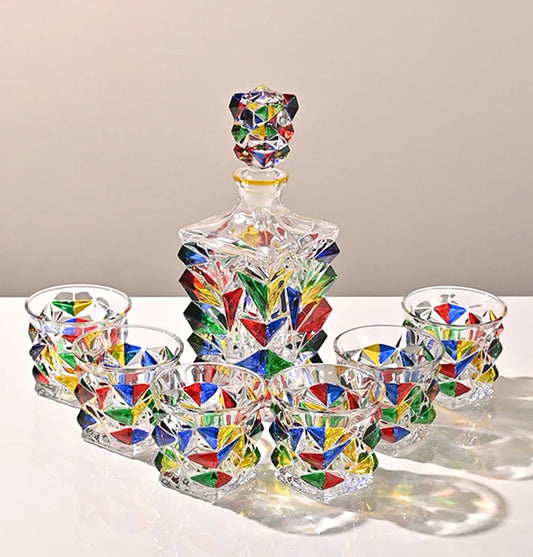 Colorful Wine Decanter & Patterned Glass Set