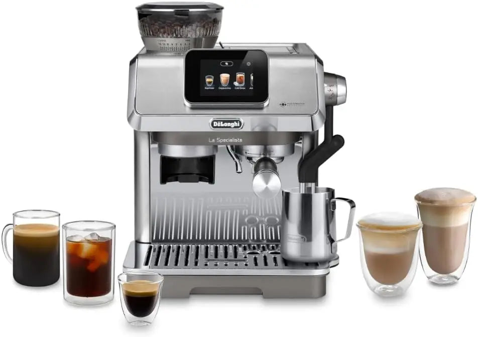 De'Longhi La Specialista Touch Espresso Machine with Grinder & Cold Brew displayed in a modern kitchen setting.