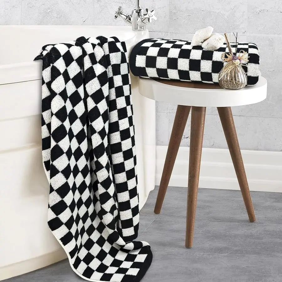 Luxurious Ultra Soft Black and White Checkered Cotton Bath Towel Set of 2