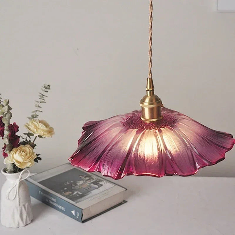 Elegant view of the Artisan Lotus Leaf Pendant Light displaying its unique flower shape with customizable colors.