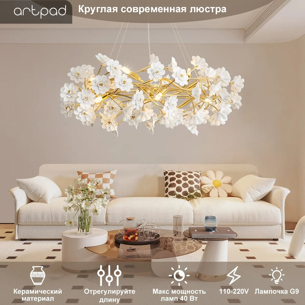 Elegant Gold Luxury Crystal Chandelier in a living room setting, demonstrating the elegant lighting of this fabulous gold crystal chandelier.