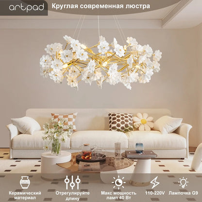 Elegant Gold Luxury Crystal Chandelier in a living room setting, demonstrating the elegant lighting of this fabulous gold crystal chandelier.