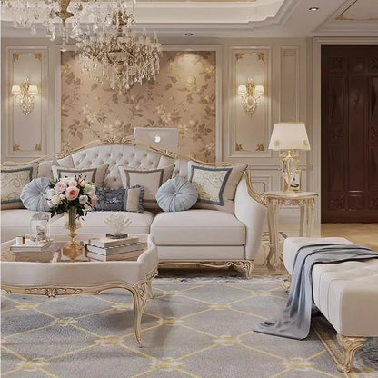 The Elegant French Style Solid Wood Living Room Furniture displayed elegantly, emphasizing its stylish beige/taupe fabric and luxurious gold accents.