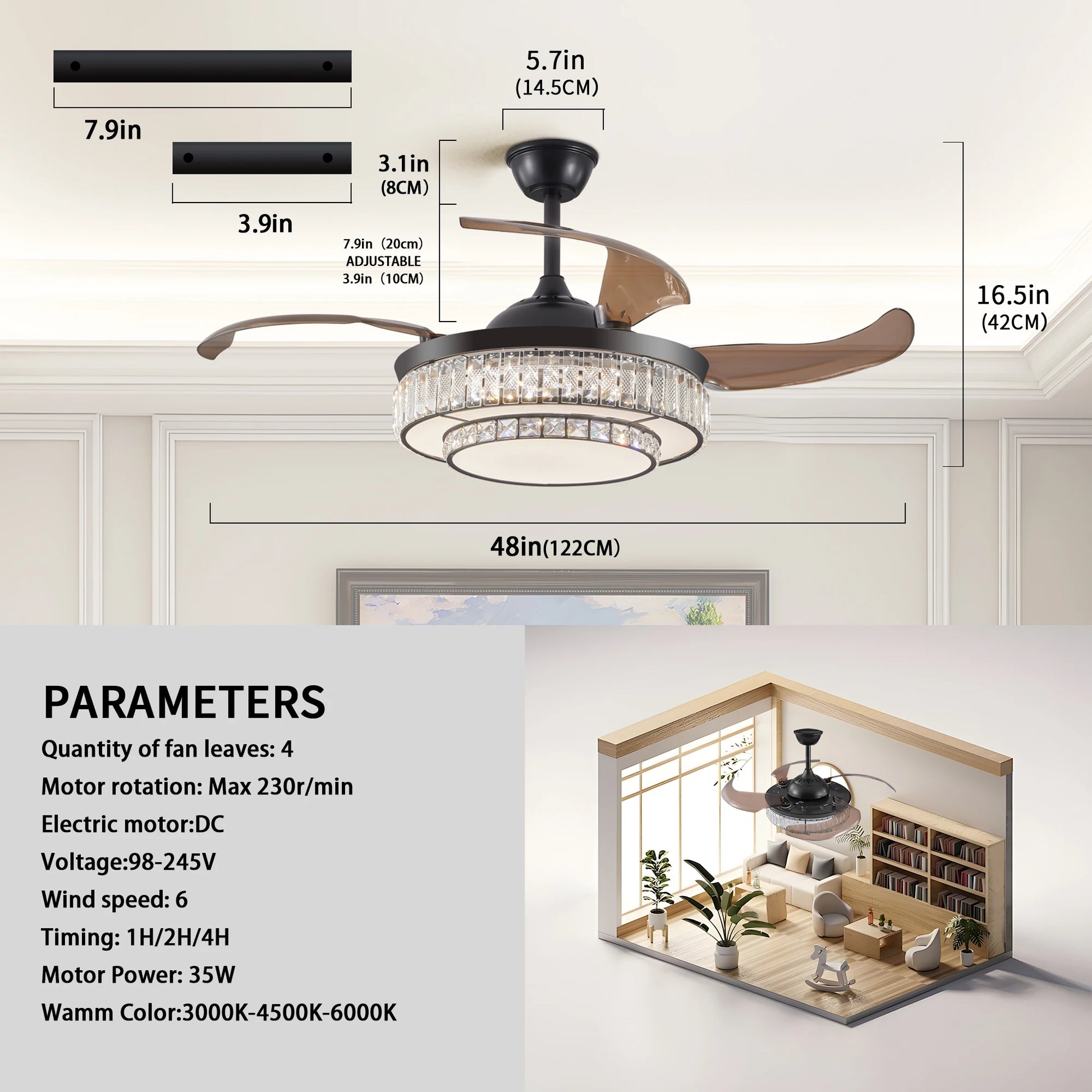 Remote control for the 48” Modern Black Retractable Ceiling Fan with Crystal LED Light.