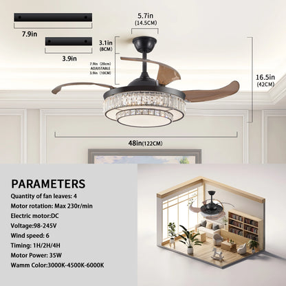 Remote control for the 48” Modern Black Retractable Ceiling Fan with Crystal LED Light.