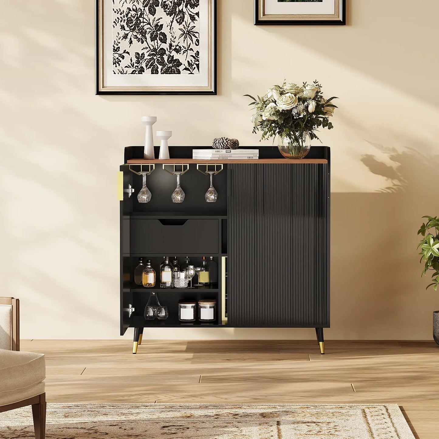 Modern Wall-Mounted Wine Rack featuring 9-Bottle and 6-Glass Storage Display in Black Wood, perfect for sophisticated home bar setups.