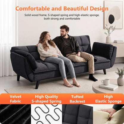 Stylish angle of the 57" Velvet Convertible Futon Sofa with gold-finished legs, adding elegance to any room.