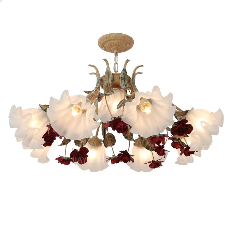 View of the Pastoral Floral Chandelier lit with tri-color LED bulbs, showcasing the customizable features of this floral chandelier.