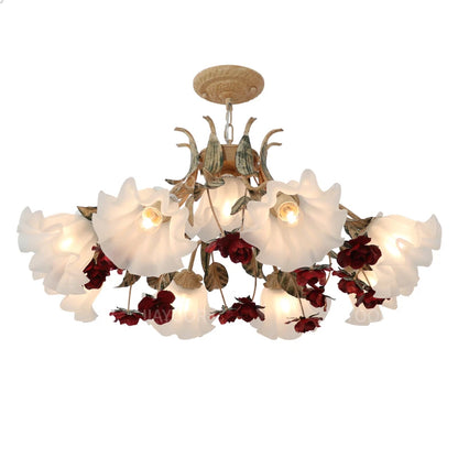 View of the Pastoral Floral Chandelier lit with tri-color LED bulbs, showcasing the customizable features of this floral chandelier.
