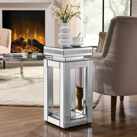 Modern Square 2-Tier Mirrored End Table w/ Crystals Inlay