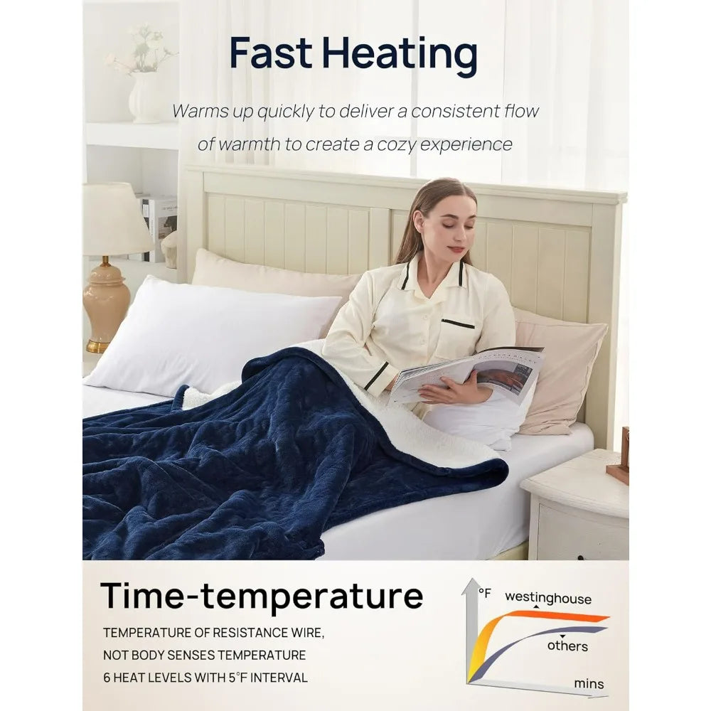 Warm and inviting Cozy Flannel Sherpa Electric Blanket with 6 Heat Settings & Foot Pocket draped over a chair.