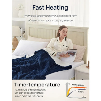 Warm and inviting Cozy Flannel Sherpa Electric Blanket with 6 Heat Settings & Foot Pocket draped over a chair.