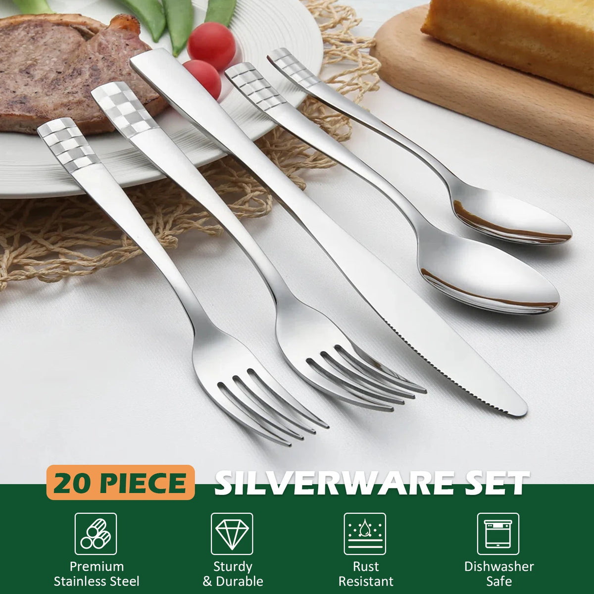 KitchenTrend Checkmate 20/40-Piece Mirror Polished Stainless Steel Flatware Set for 4/8, Dishwasher Safe, stainless steel flatware set for everyday dining