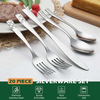 KitchenTrend Checkmate 20/40-Piece Mirror Polished Stainless Steel Flatware Set for 4/8, Dishwasher Safe, stainless steel flatware set for everyday dining