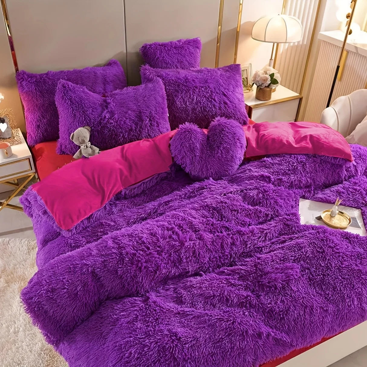 Cozy bed scene featuring the Faux Fur Duvet Cover Set layered with textured knit throws, creating a high-end boutique hotel aesthetic.
