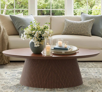 Mid Century Modern Oval Coffee Table showcasing a stylish black wood grain finish on the tabletop.