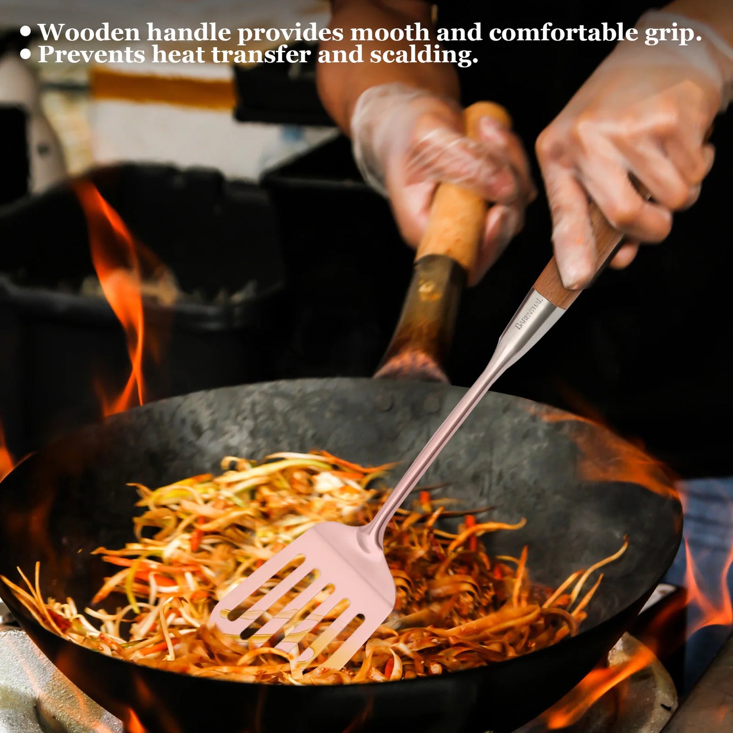 4-Piece 304 Stainless Steel Kitchen Utensil Set with Natural Wood Handles, pasta spoon for serving noodles