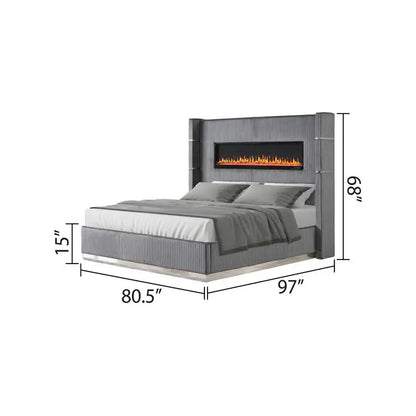 4-Piece Upholstered King Bedroom Set with Ambient Lighting in Gray Velvet Finish