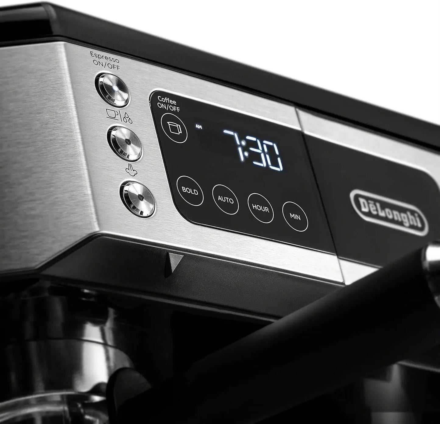 Close-up of the 15-bar pressure pump on the De'Longhi All-In-One Coffee Machine, highlighting its capability to make rich and authentic espresso.