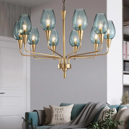 Stunning Modern LED Chandelier in Blue and Matte Brass - Elegant Lighting for Your Home, showcasing stylish blue glass and brass details, perfect for contemporary decor.