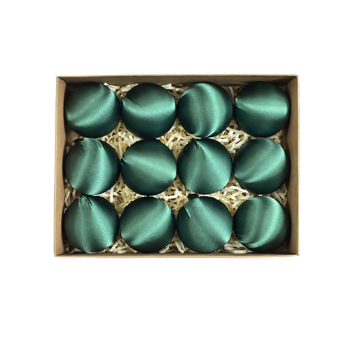 A festive assortment of shatterproof satin silk ball ornaments decorated in playful colors and textures, perfect for the holiday season.