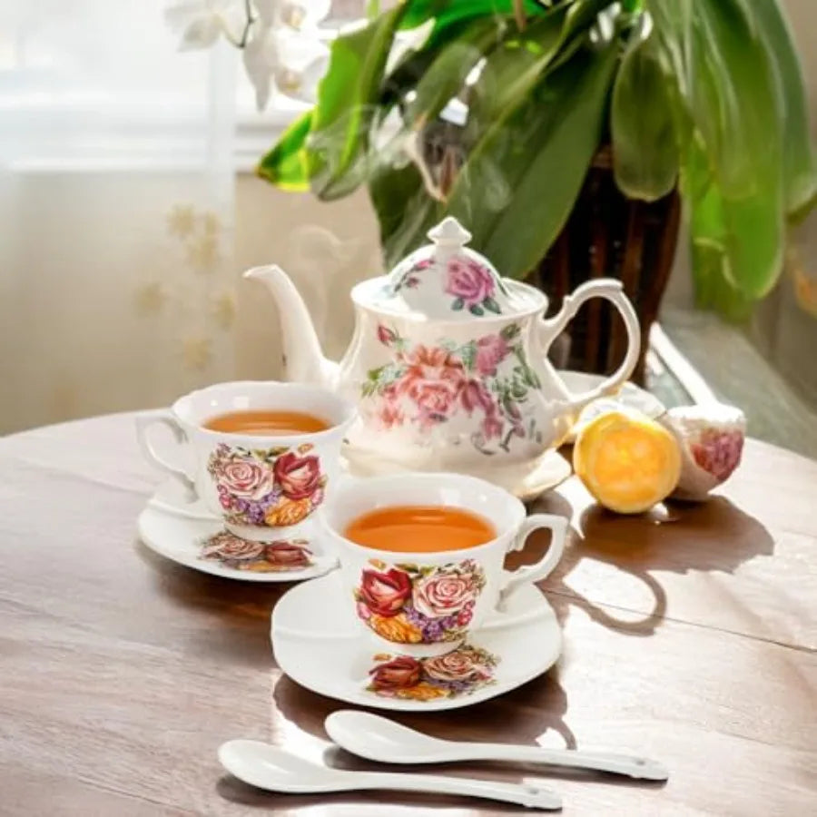 Complete Vintage Floral Tea Cup Set of 6 including saucers and spoons, perfect for hosting charming afternoon tea gatherings.