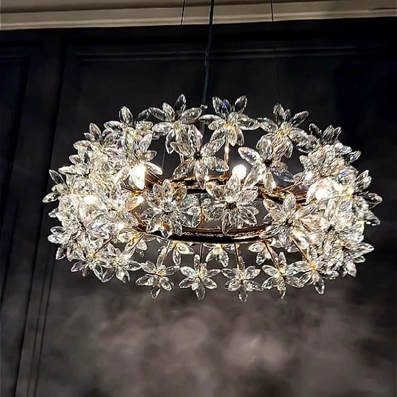 Elegant Crystal Flower Petals Chandelier - Close-up view of the luxurious crystal flower chandelier, featuring delicate petals and warm light perfect for any room.