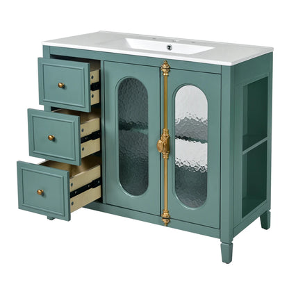 Modern 36" Double Glass Door Bathroom Cabinet w/Undermount Ceramic Sink