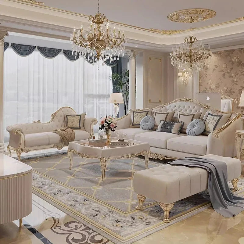 Elegant French Style Solid Wood Living Room Furniture in Beige/Taupe and Gold, showcasing its luxurious design, perfect for stylish interiors.