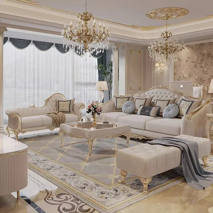 Elegant French Style Solid Wood Living Room Furniture in Beige/Taupe and Gold, showcasing its luxurious design, perfect for stylish interiors.