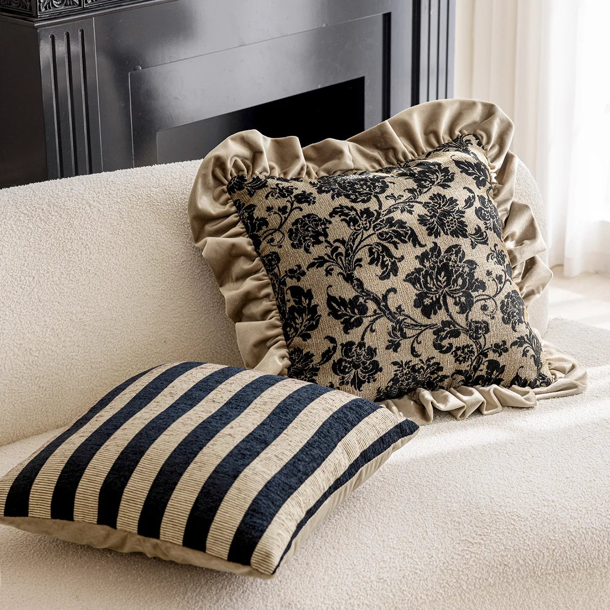 French Style Luxury Throw Pillow Cover - Black Floral Damask on Gold with Ruffled Edge, french style pillow cover decorative black and gold design