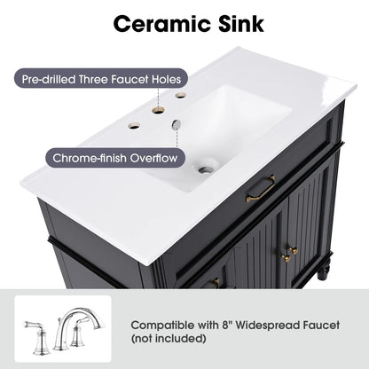 Freestanding 36" Black  Bathroom Vanity w/Retro Gold Handles & Ceramic Sink