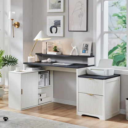 Modern L-shaped Fluted Credenza Desk w/Storage Cabinet & Drawers