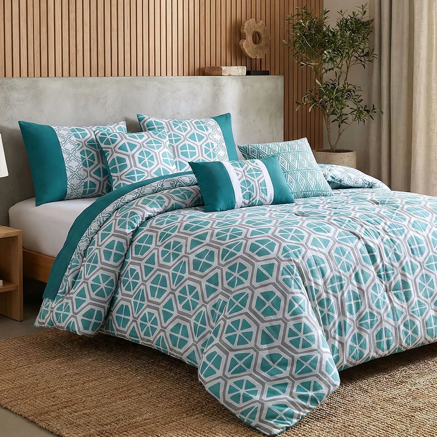 Close-up view of the Green Floral embroidery on Queen/King Polyester 6-Piece Comforter Set by HomelyOasis