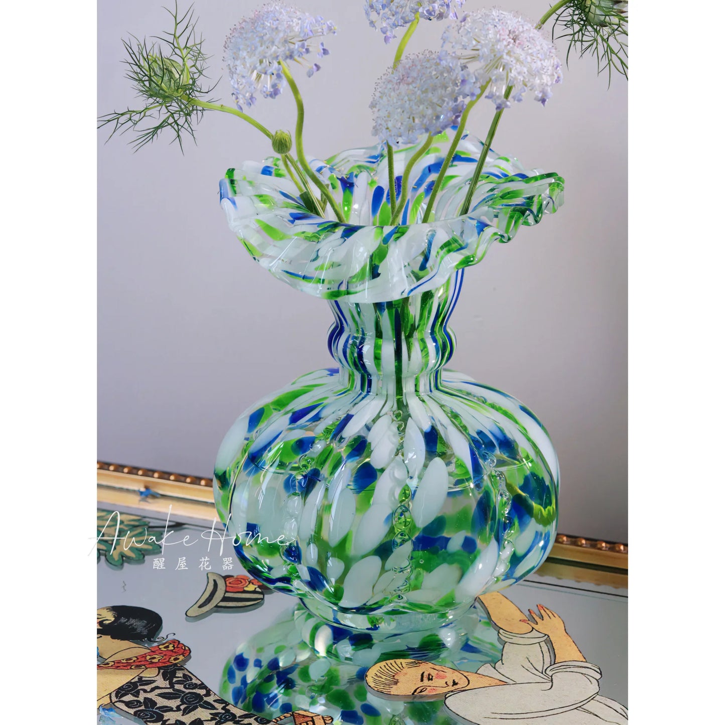 Decorative Hand-Blown Blue & Green Speckled Glass Vase w/A Ruffled Design Edge