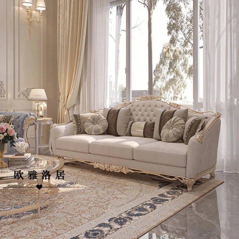 Elegant French Style Solid Wood Living Room Furniture with warm beige/taupe color and sophisticated gold accents.