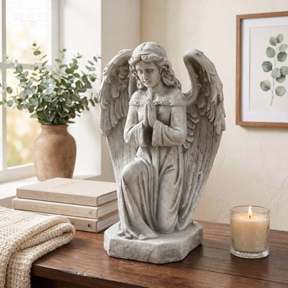 GDF Studio Praying Angel Statue - Weatherproof Magnesium Oxide Garden Figurine - Antique White and Gray, weatherproof praying angel statue for gardens