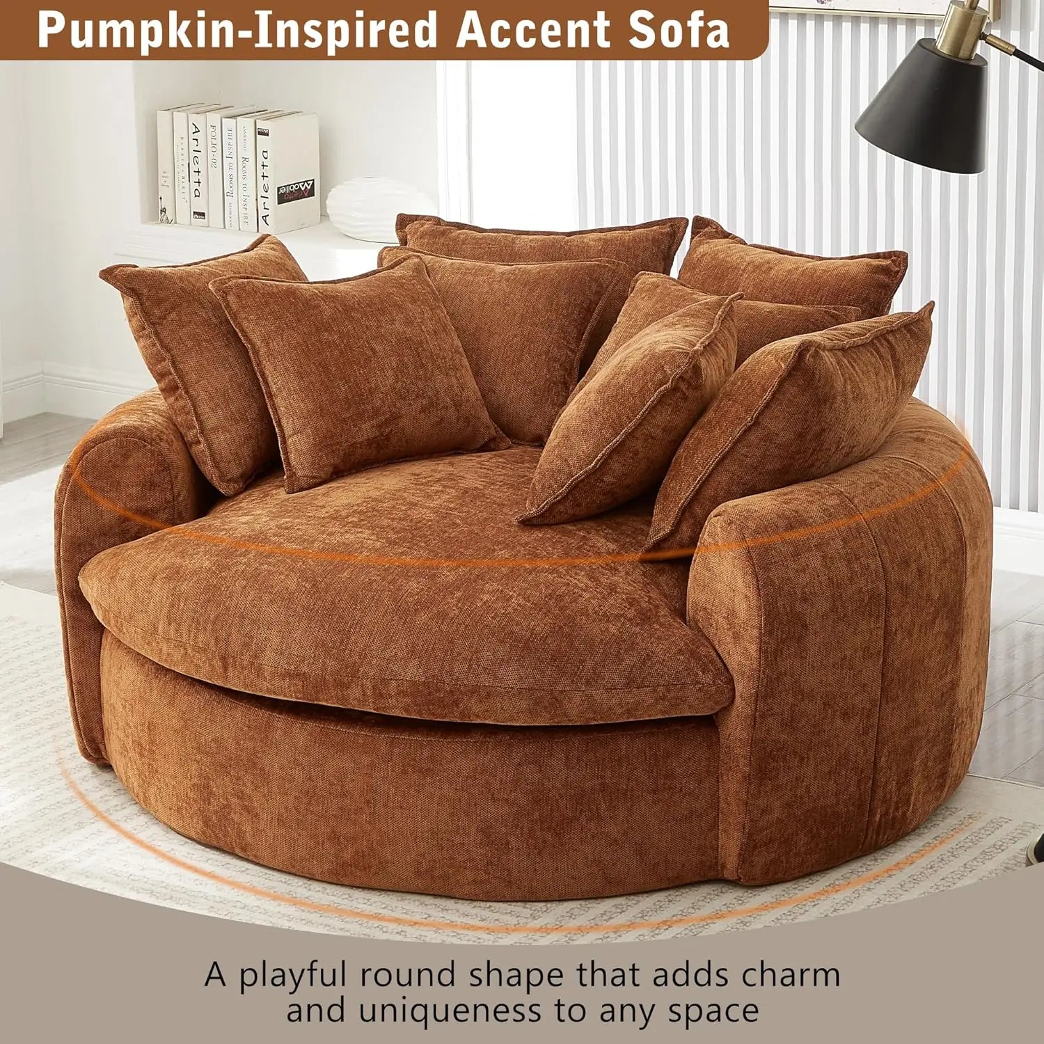 Chenille Round Chaise Lounge Sofa – Oversized Circular Cuddle Chair featuring its modern, playful pumpkin-inspired shape.