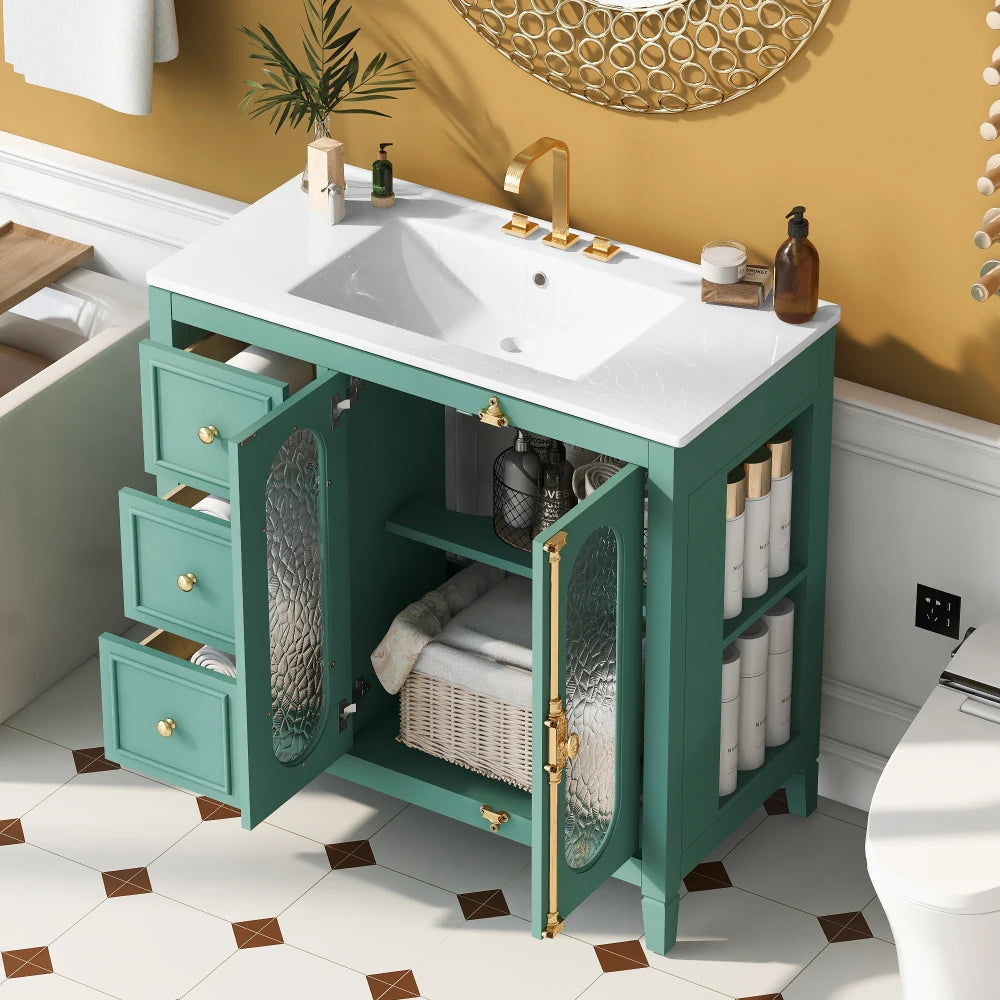 Modern 36" Double Glass Door Bathroom Cabinet w/Undermount Ceramic Sink