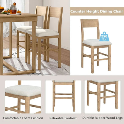 Counter height dining chair with white cushion on a wooden table, surrounded by product details.