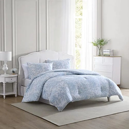 Bedford Blue Floral Comforter Set showcasing its elegant design with a vintage-inspired blue floral pattern, perfect for a cozy bedroom.